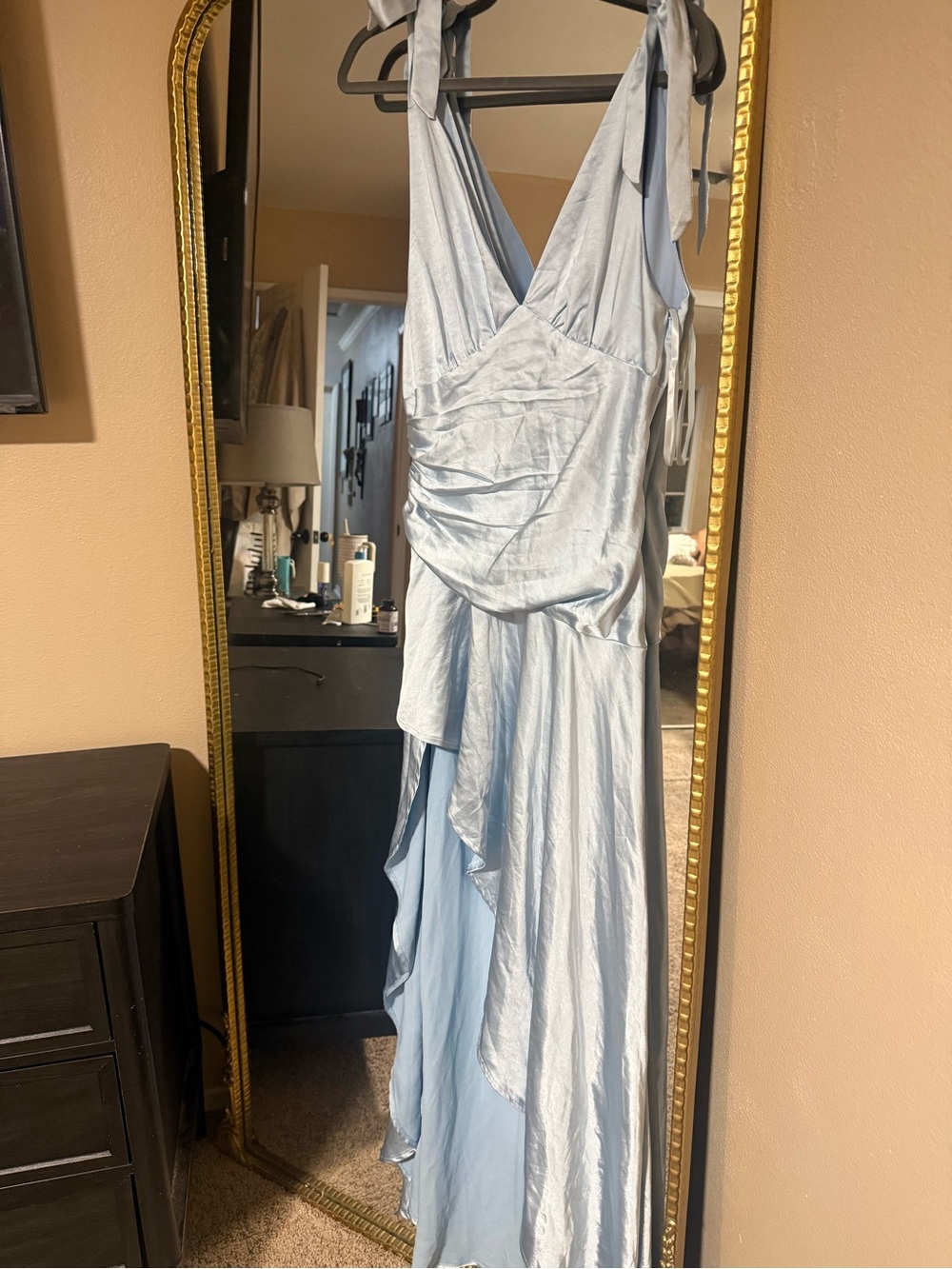 Selfie Leslie Light Blue Halter Midi Dress with Draped Skirt